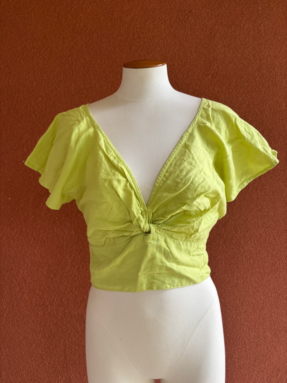 Anthropologie Lime Green Tie-Knot Flutter Sleeve Crop Top